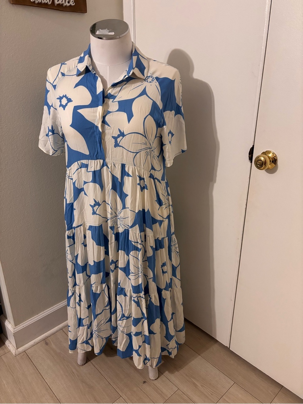 LuLaRoe Blue and Cream Floral Tiered Shirt Dress